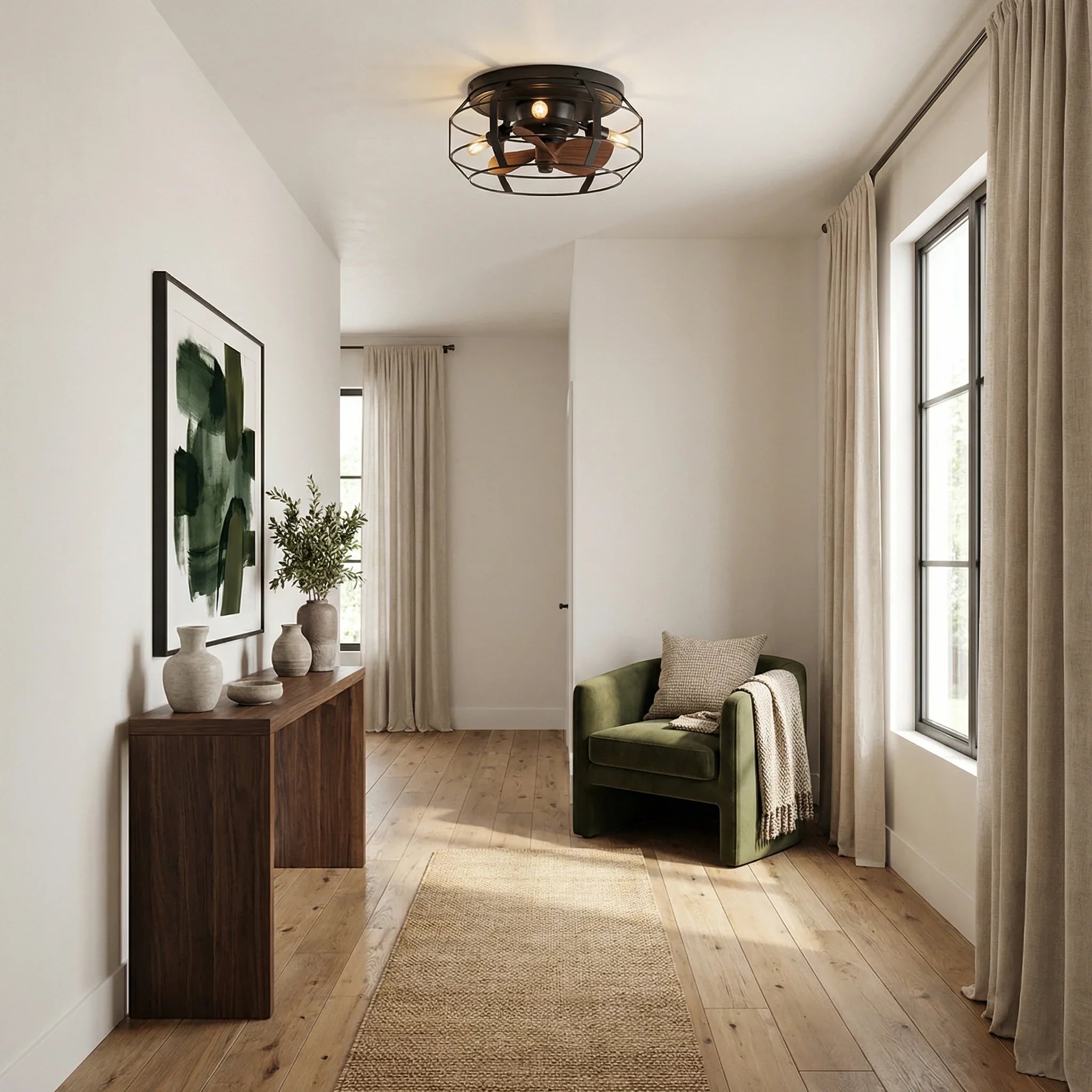Caged ceiling fan with light in a bright living space, satin nickel finish