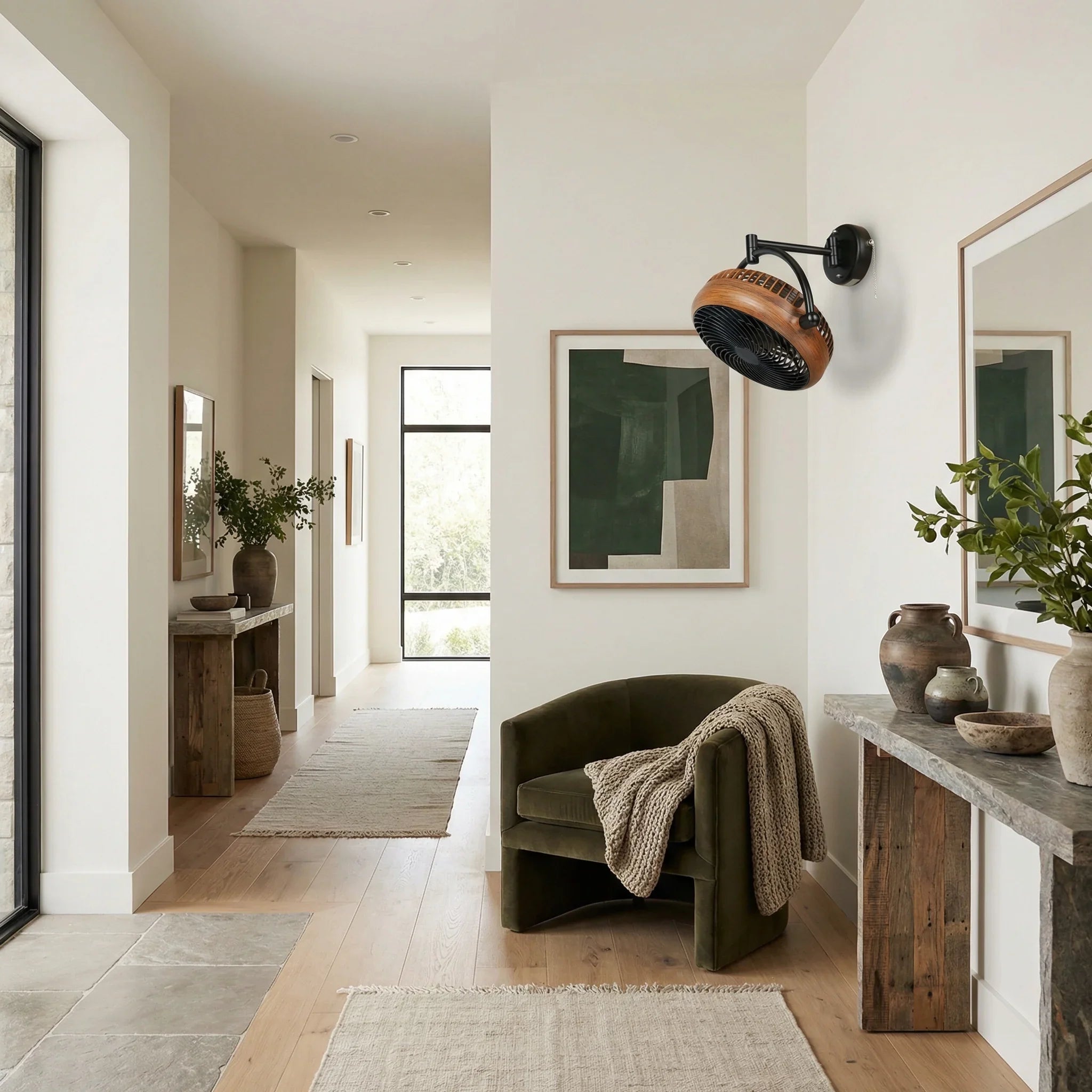 Industrial ceiling fan with pull chain, dark housing and bronze-toned fan head