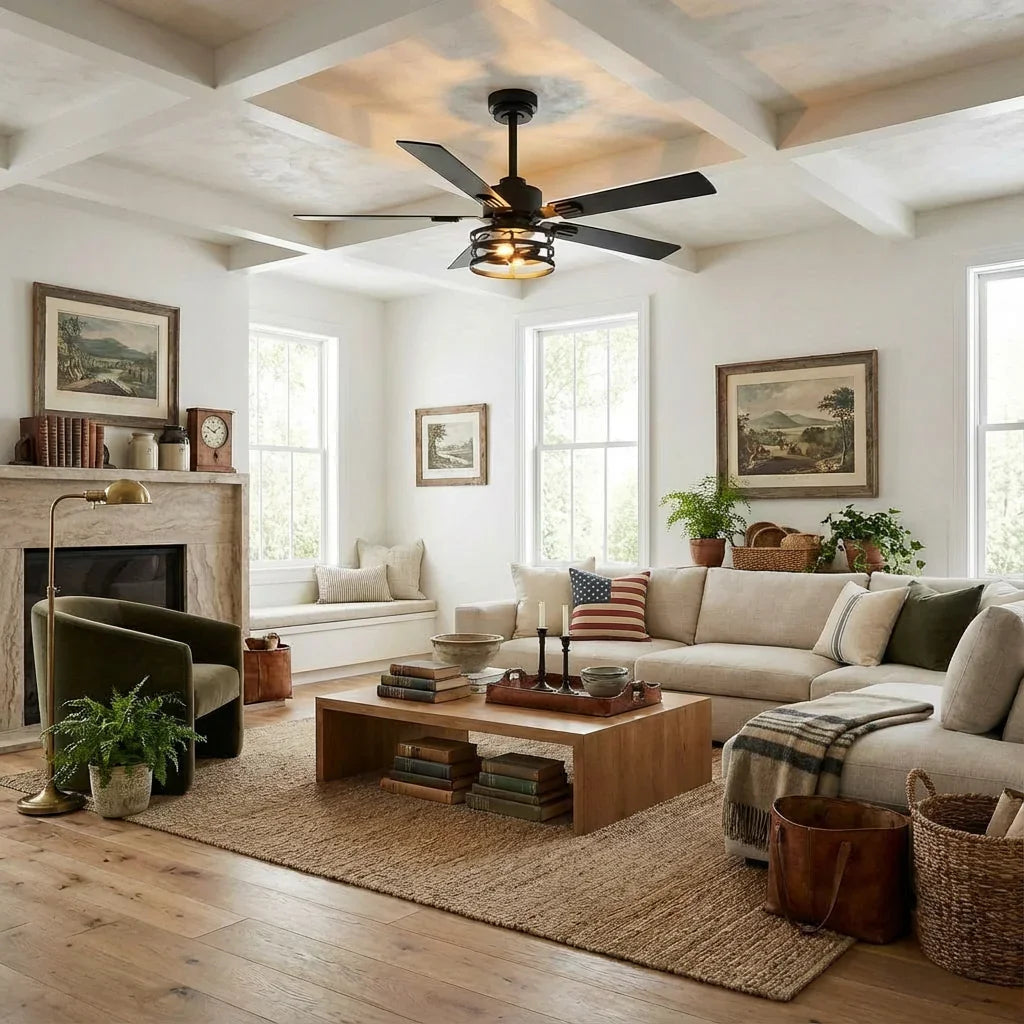 Ceiling fan with dark blades and light fixture in a living room