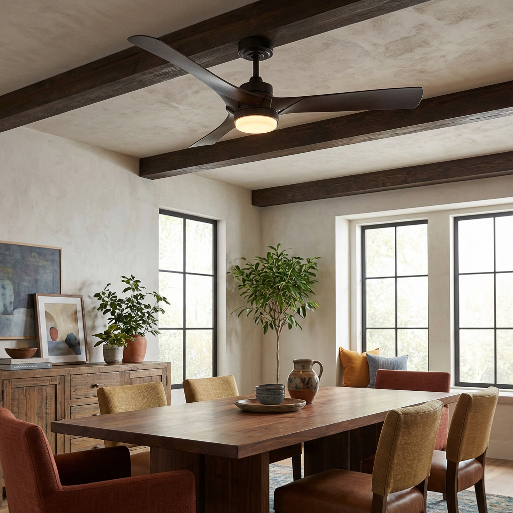Black LED ceiling fan with dark wood blades and glowing light in an open room
