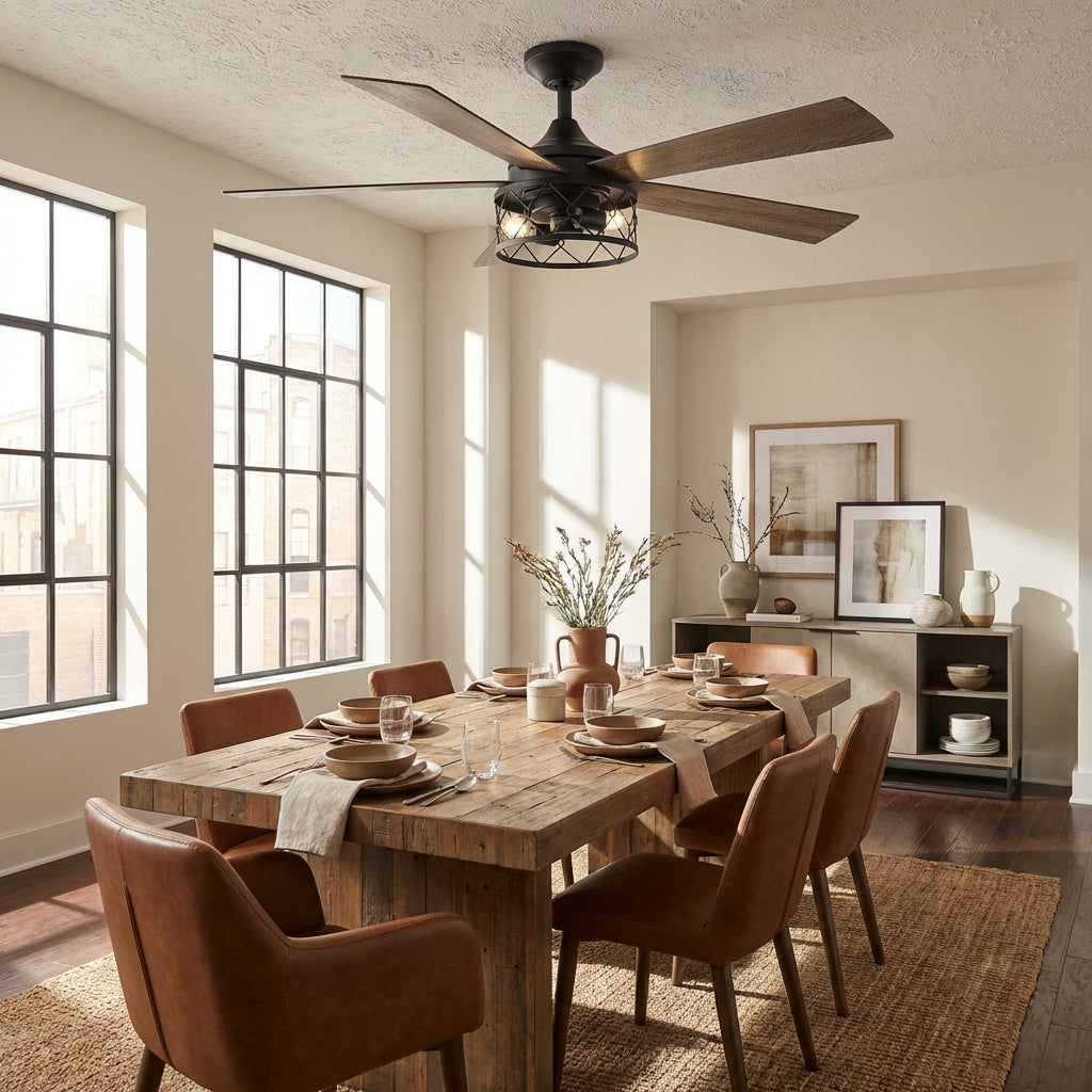 Ceiling fan with black housing, reversible wood blades, and integrated lantern light