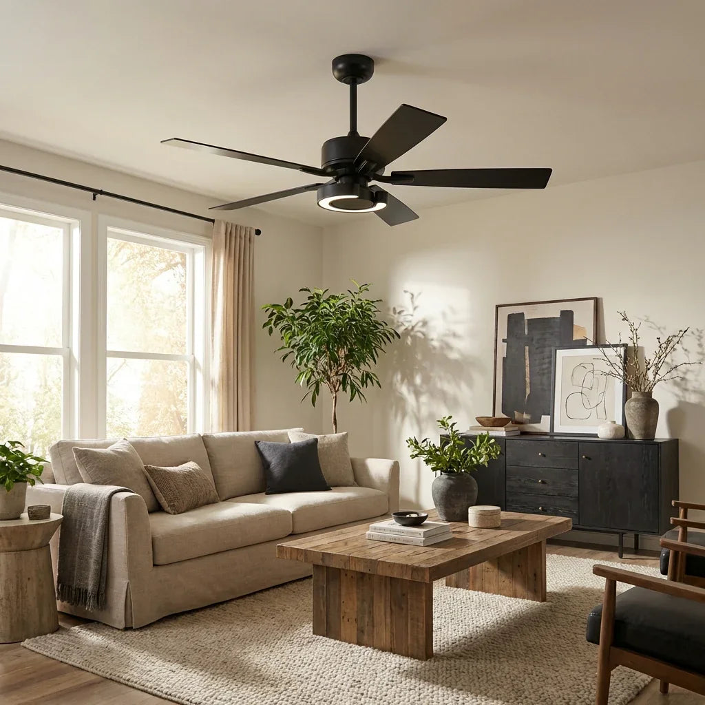 Black ceiling fan with five reversible blades and integrated light kit