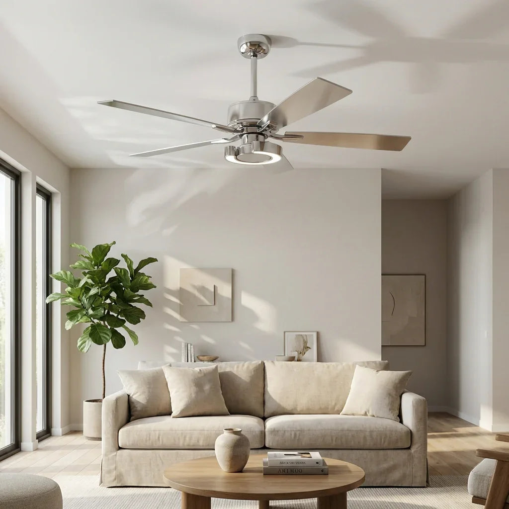 Silver 52-inch ceiling fan with five blades and integrated light kit