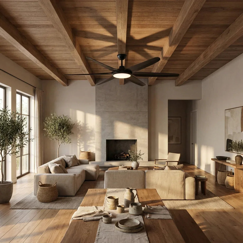 Black ceiling fan with integrated light installed on ceiling with 5 blades