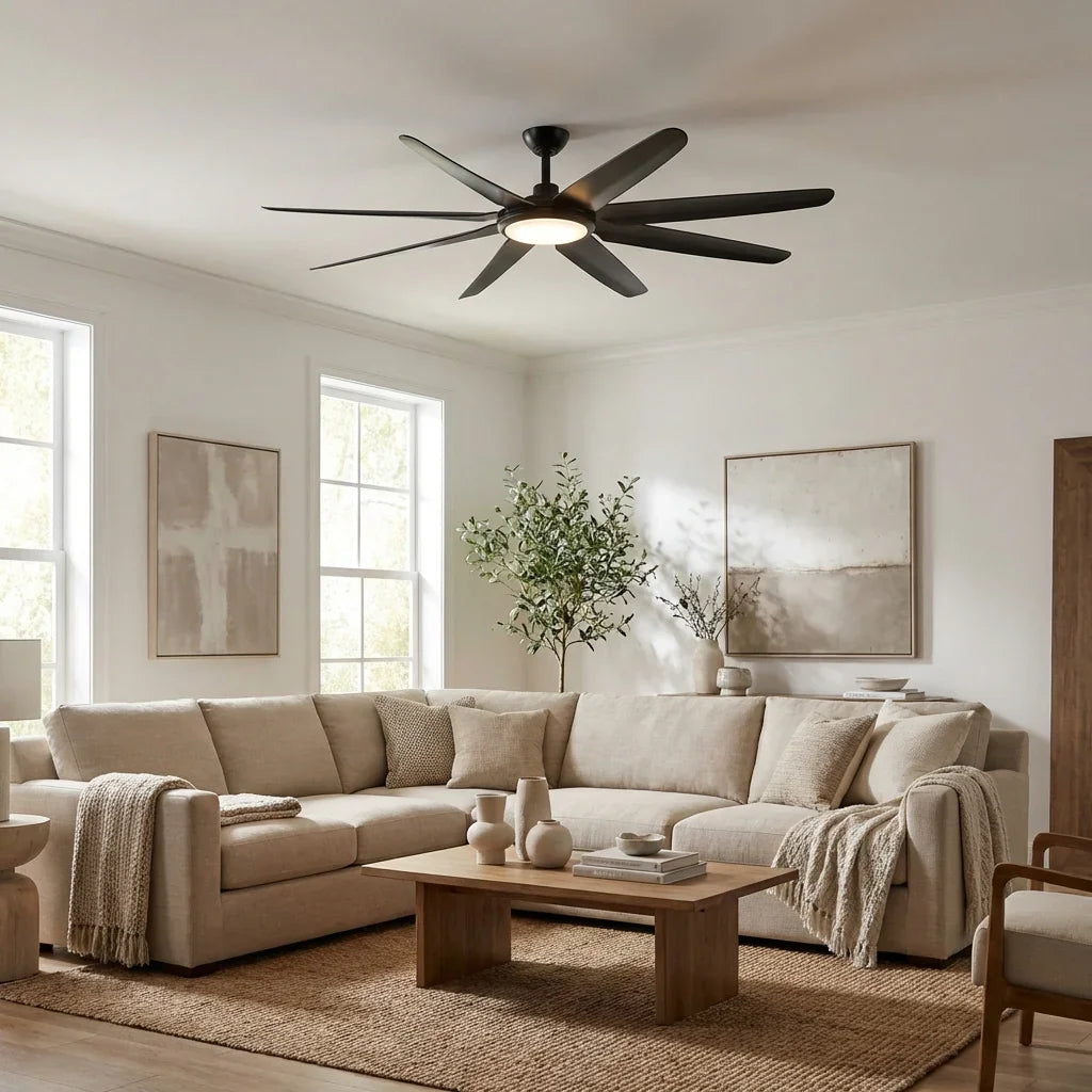 Black industrial ceiling fan with integrated light and exposed blades