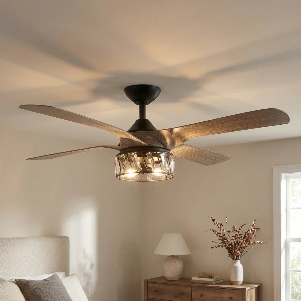 Black ceiling fan with wood-grain blades and integrated crystal-style light