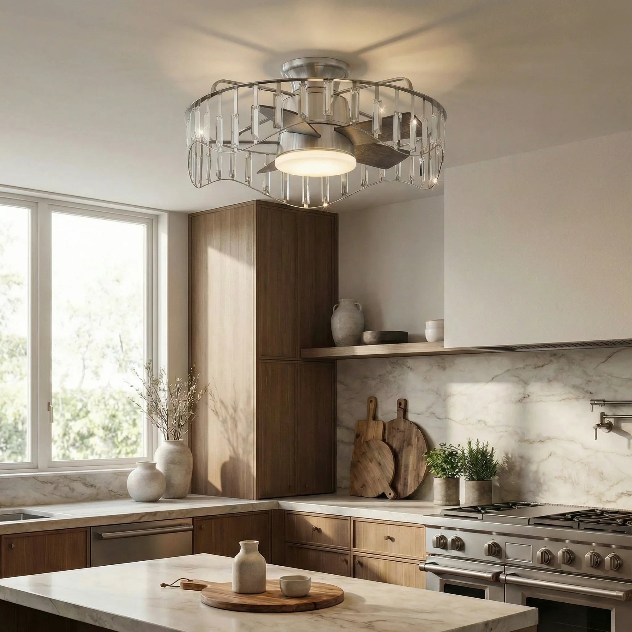 Brush nickel ceiling fan with circular clear glass cage, lit diffuser, and dark blades