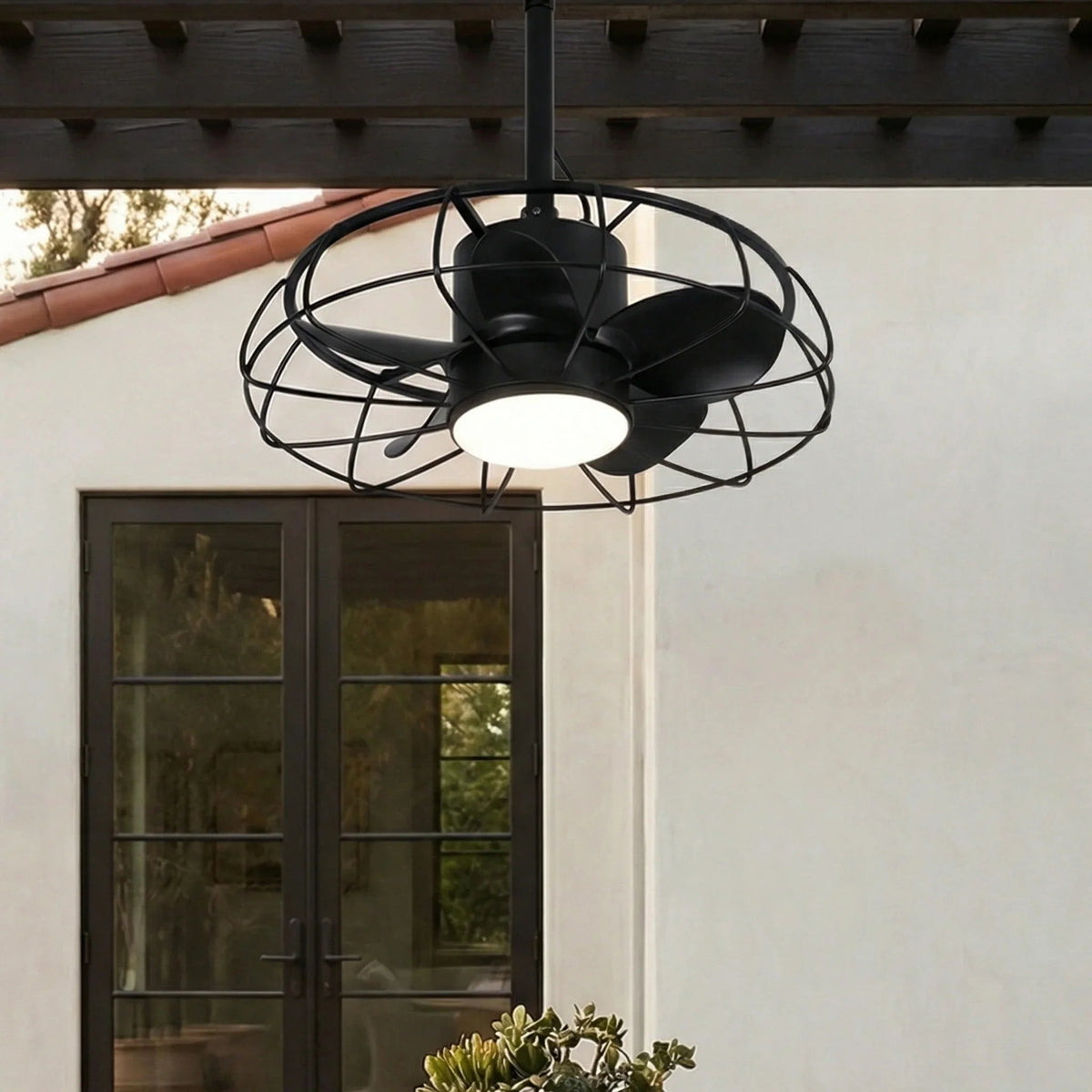 Parrot Uncle 20-Inch Vistula Outdoor DC Motor Black Industrial Hanging Buckle Downrod Ceiling Fan with Light (F2001BK)