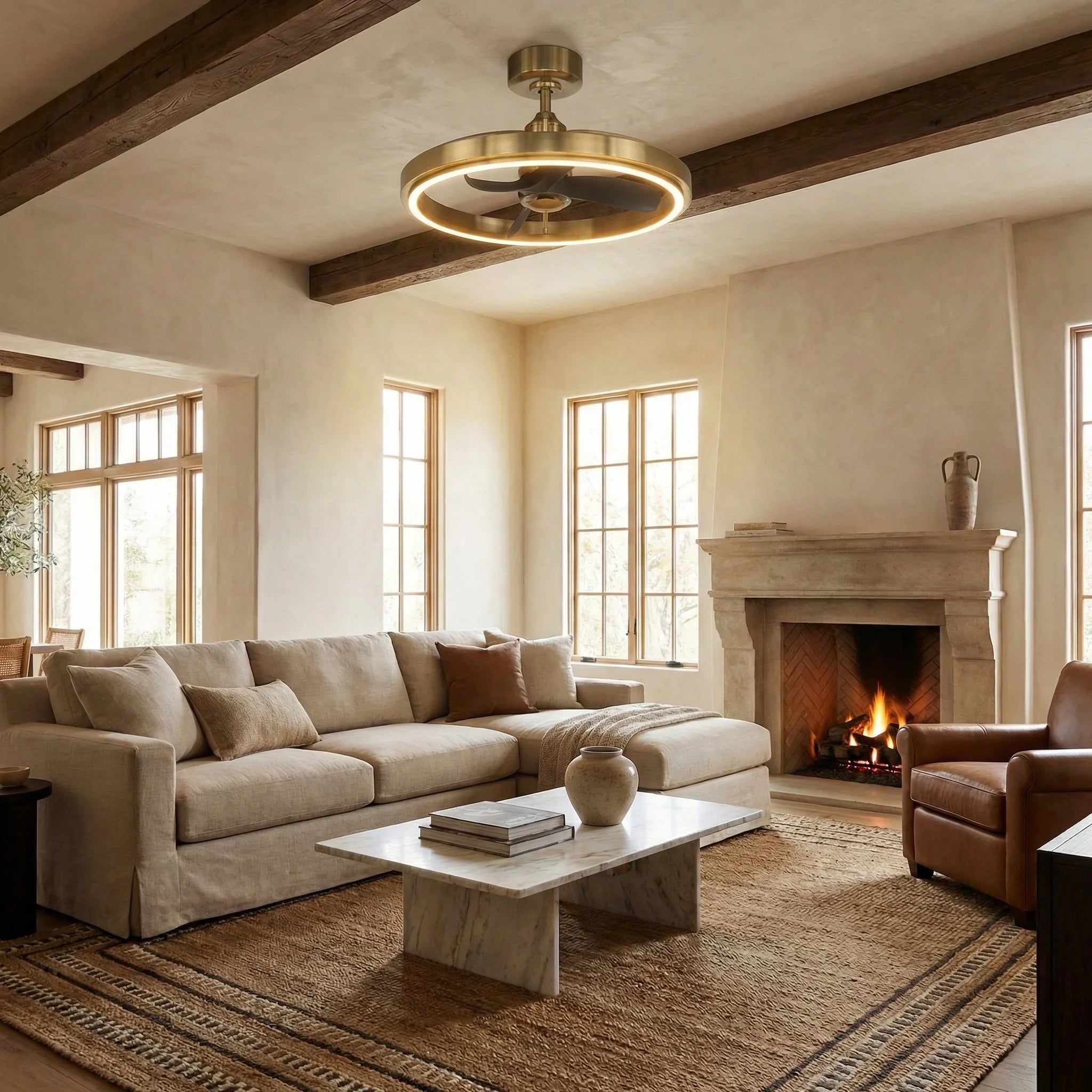 Golden ceiling fan with integrated light kit and visible three blades on downrod