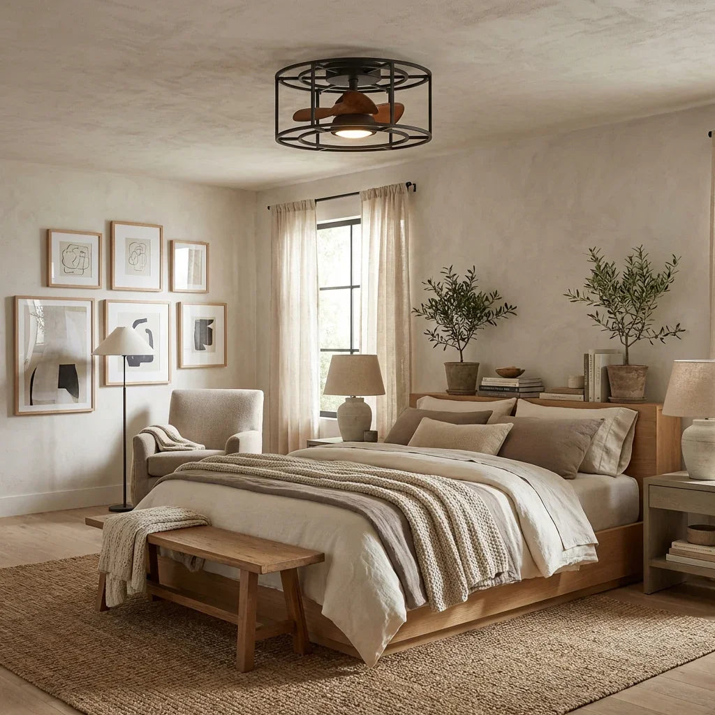 Black flush-mount ceiling fan with LED light over bed, bronze blades and ring guard