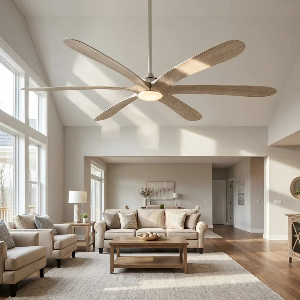 Ceiling fan with light wood blades and frosted light kit centered over a living area