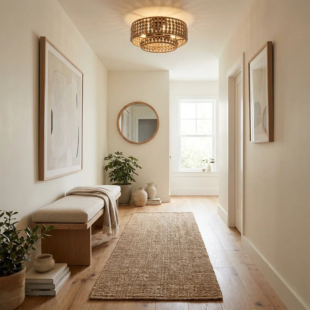Farmhouse flush mount ceiling light with beaded border on a round woven wood frame