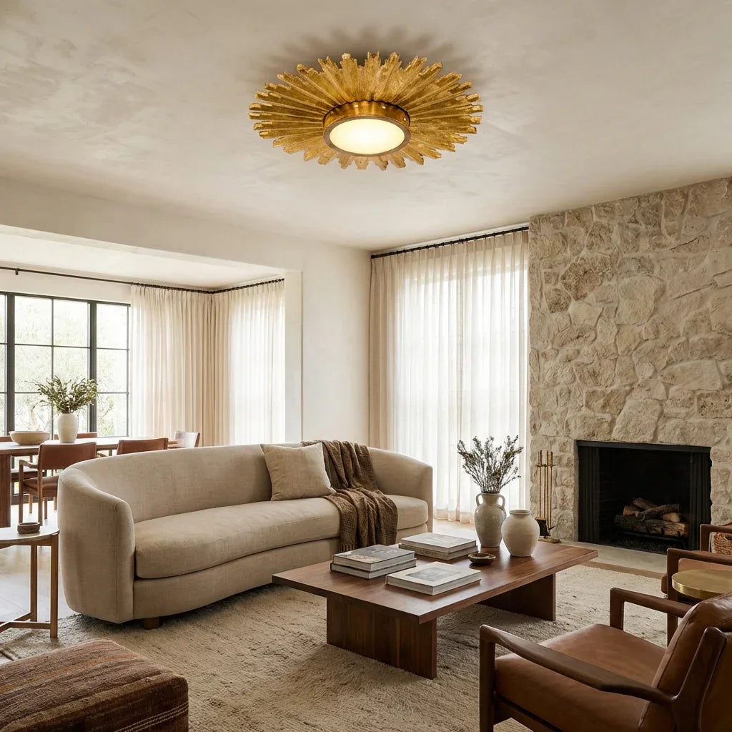 Golden sunburst flush mount LED ceiling light glowing with warm illumination