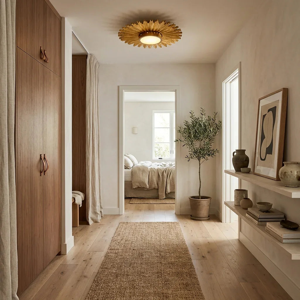 Golden sunburst flush mount LED ceiling light in a hallway ceiling