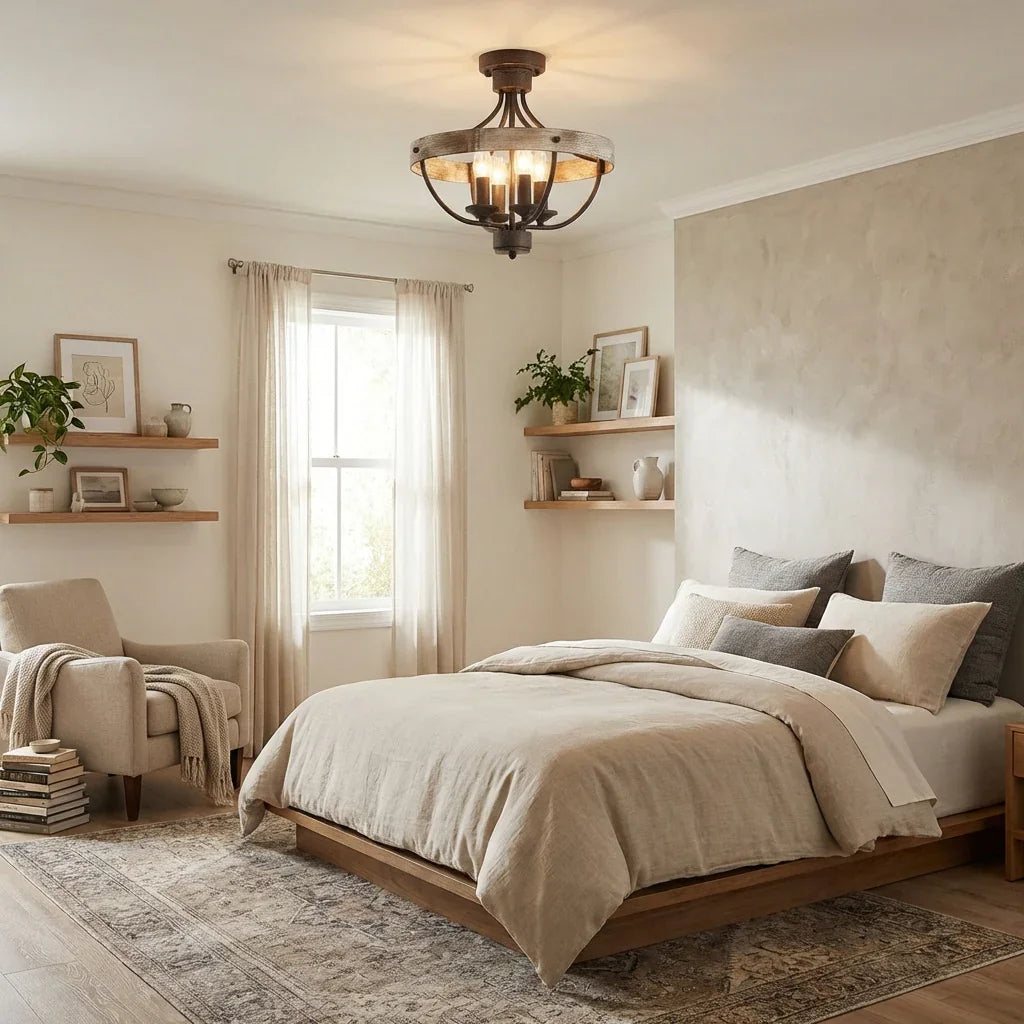 Ceiling light with brown wood-look ring and black metal guard, lit in bedroom