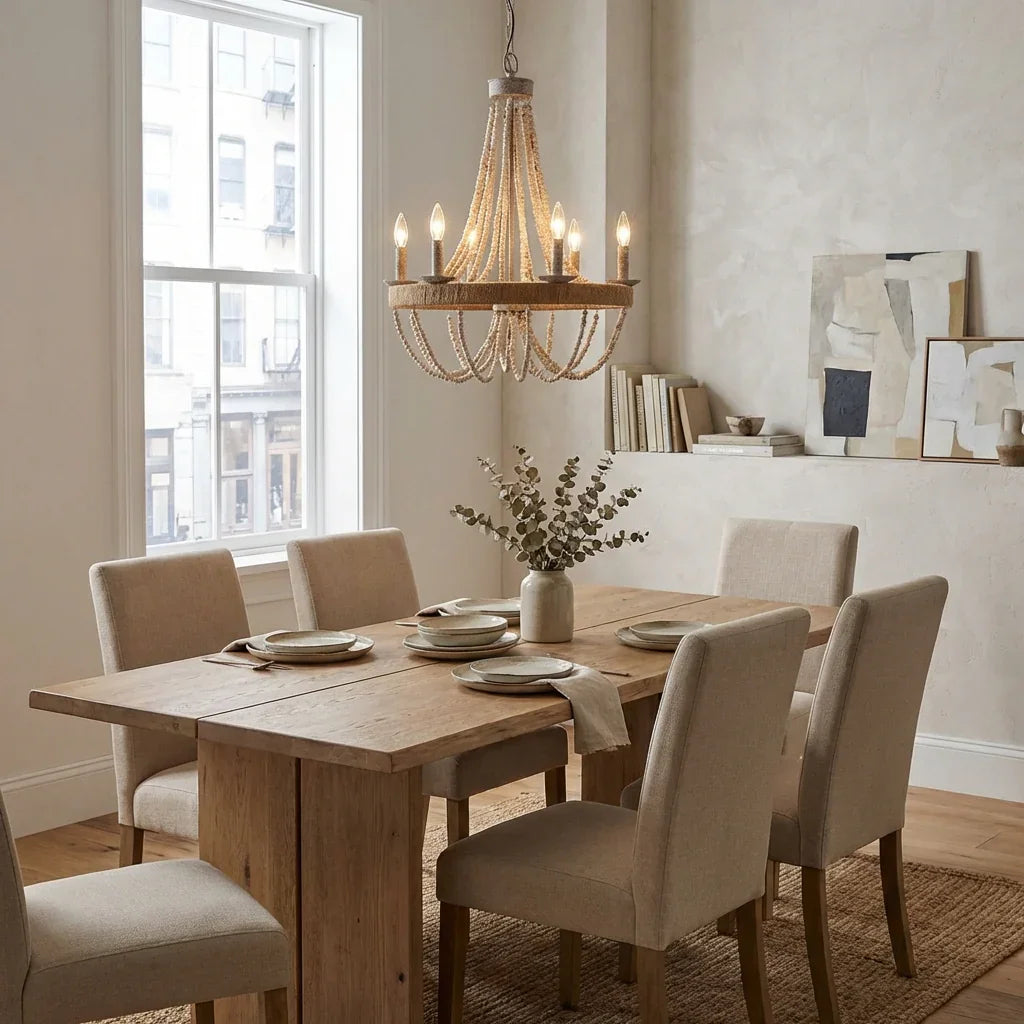 6-light wood bead chandelier with candle-style bulbs, warm natural finish