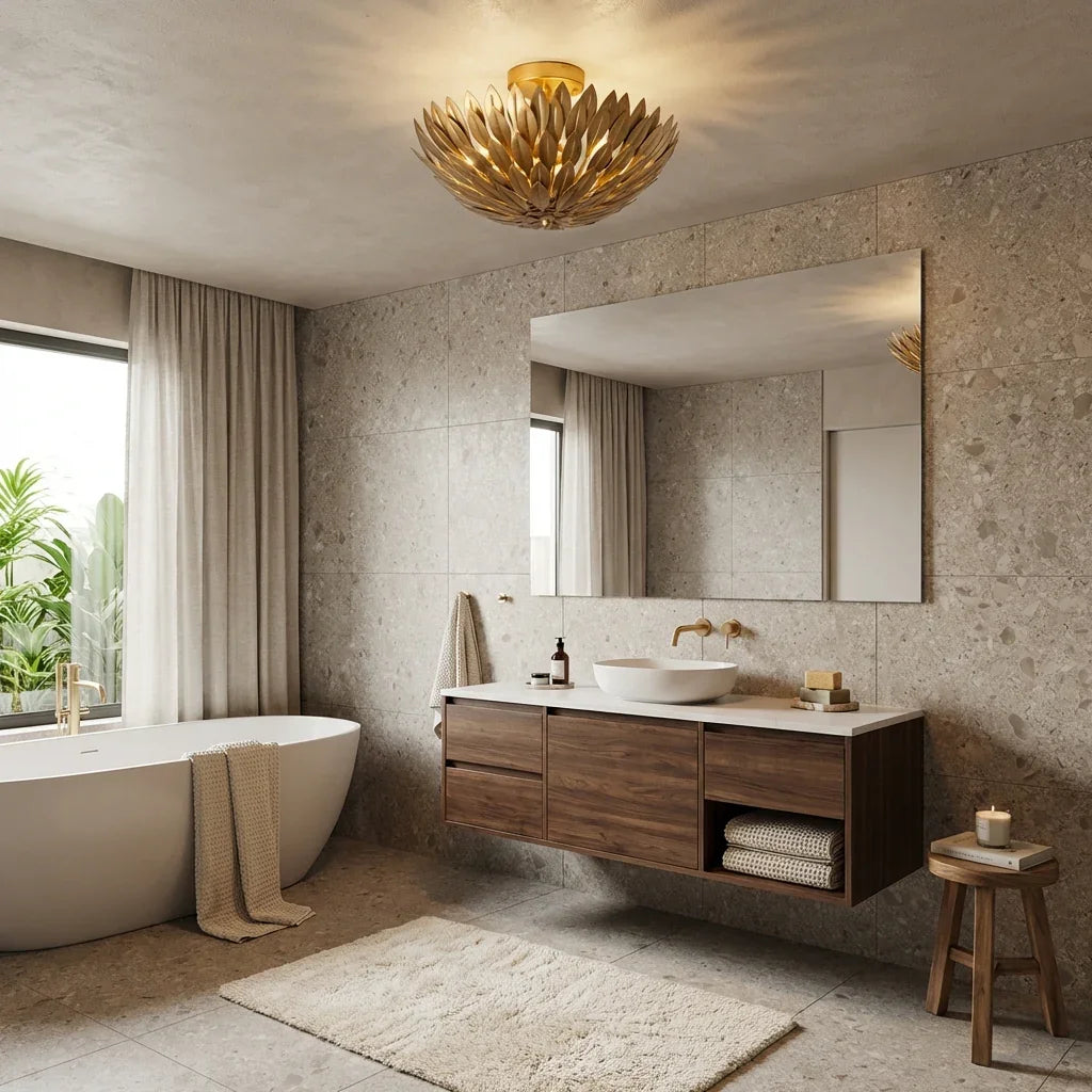 Golden leaf semi-flush mount ceiling light over bathroom sink and mirror area