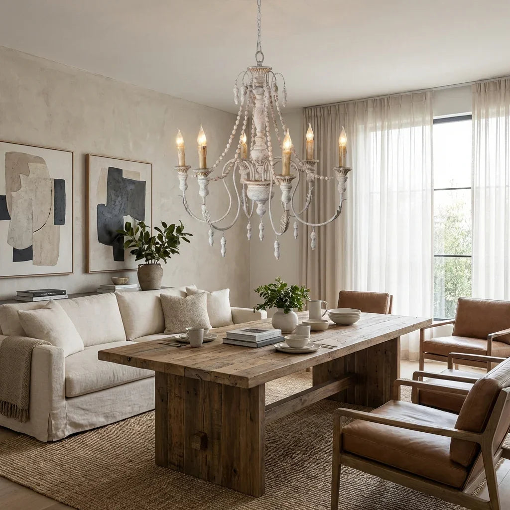 White six-light chandelier with hanging bead strands and candle-style bulbs above living area