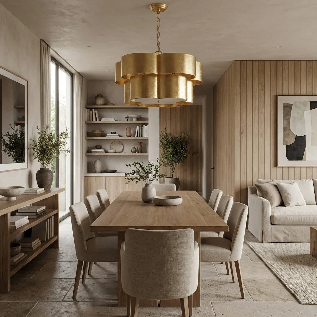 Golden island pendant light above dining table in a modern living space
