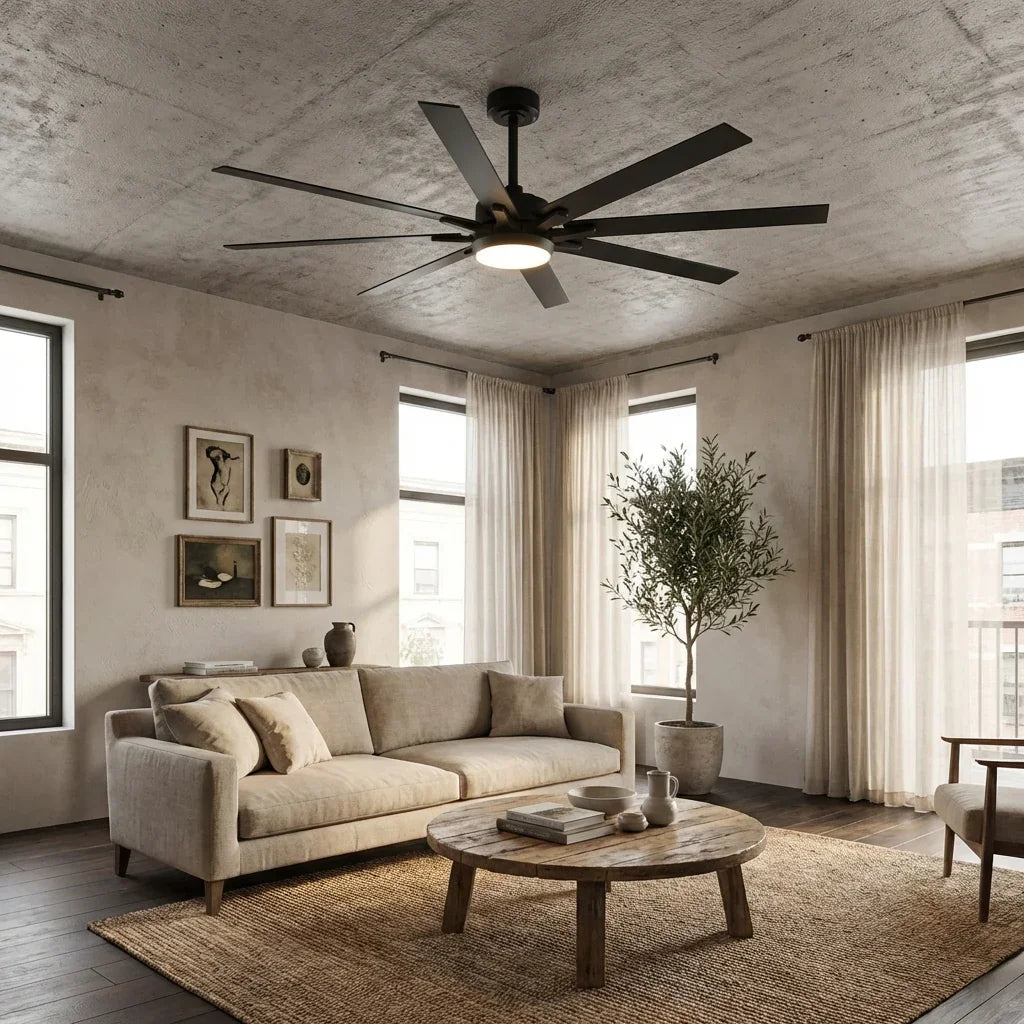 Black ceiling fan with LED light and five blades above a living room seating area