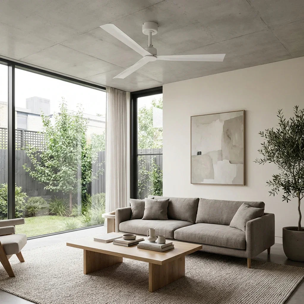 White modern ceiling fan with four blades and downrod mount