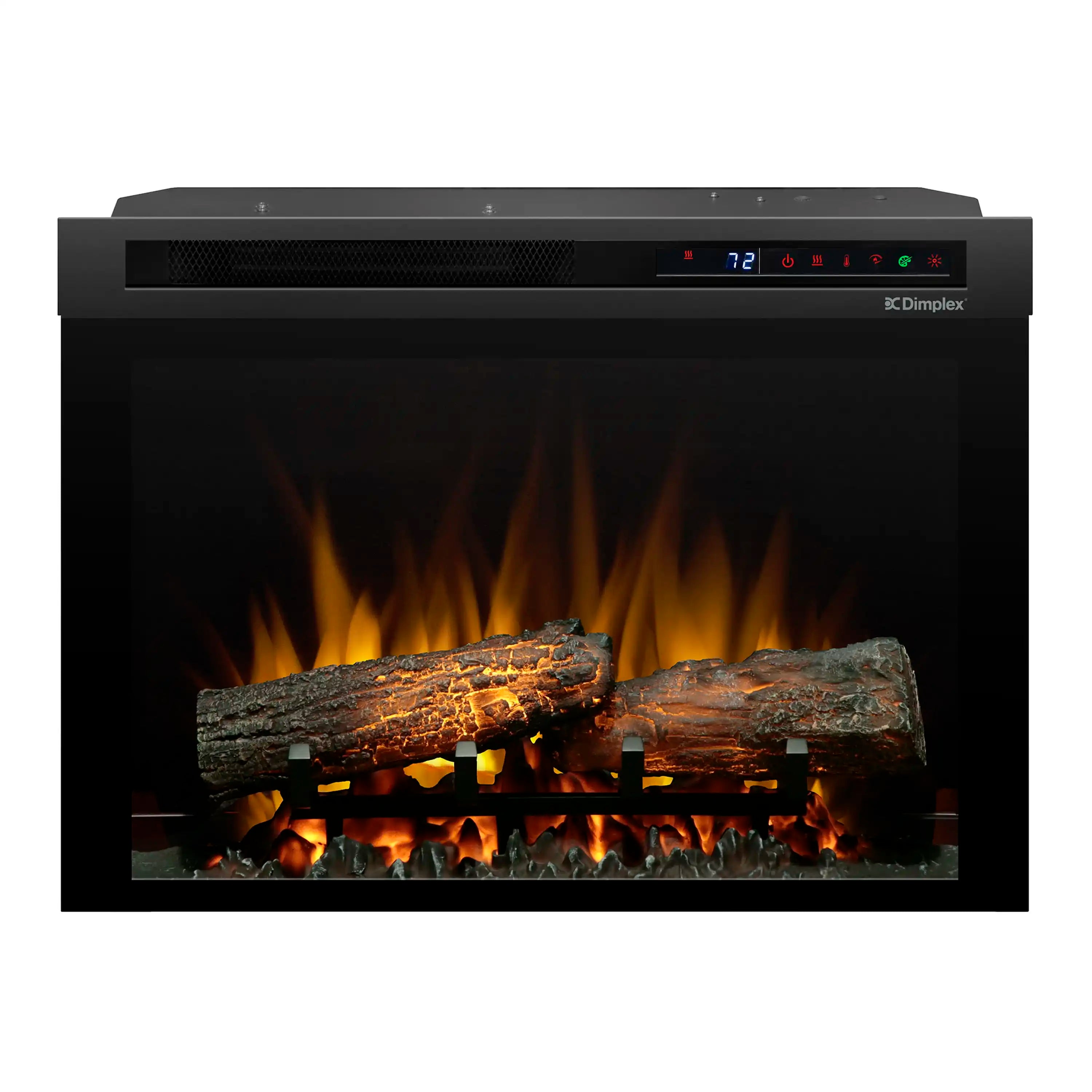 Black inset electric firebox with open flames and glowing log bed