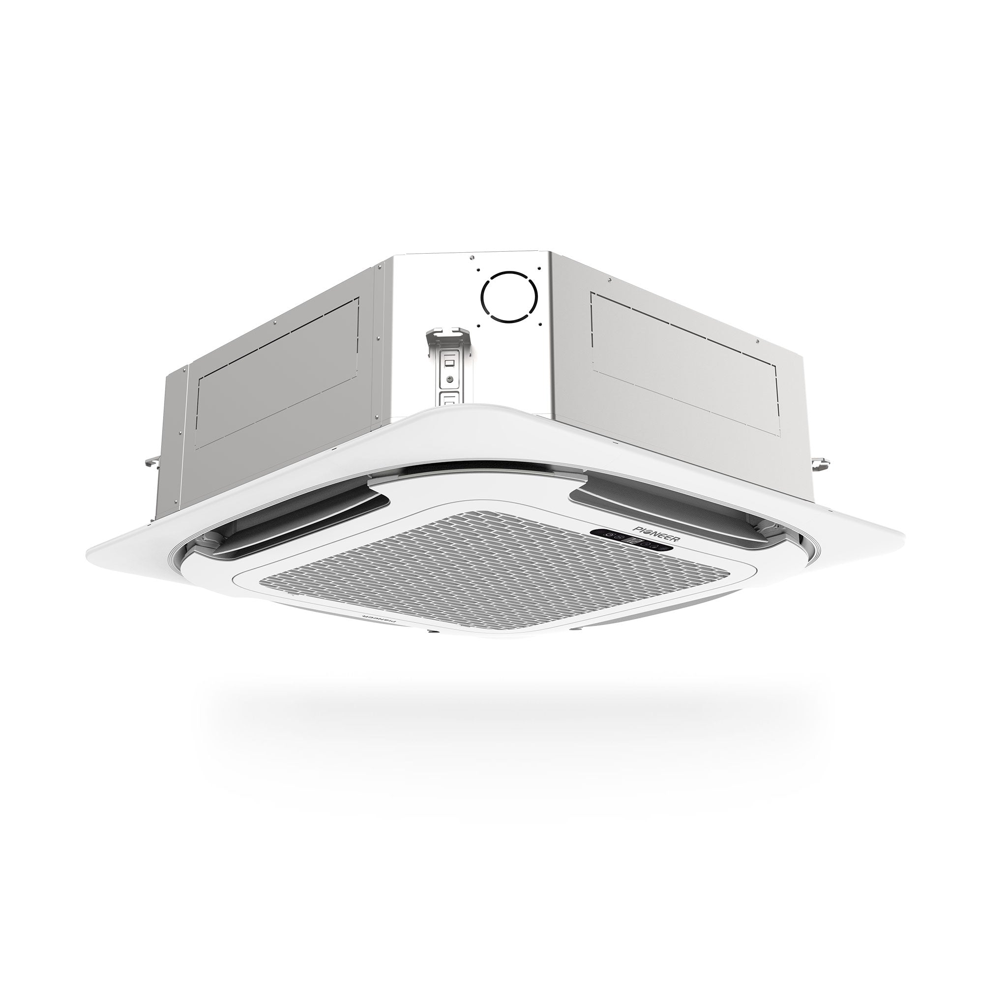 Ceiling cassette mini-split indoor unit with circular intake grille, white housing