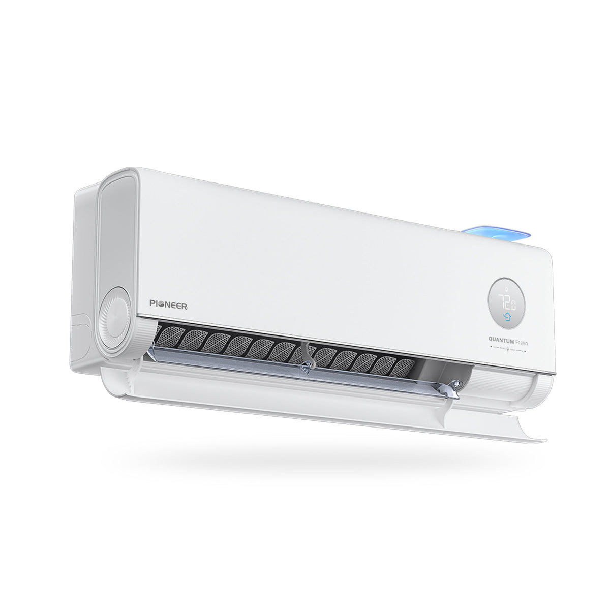 White ductless mini-split air conditioner indoor unit, side view with vent panel