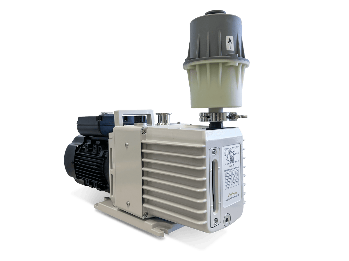 Commercial oil vacuum pump with gray cooling fins and black motor housing, side view