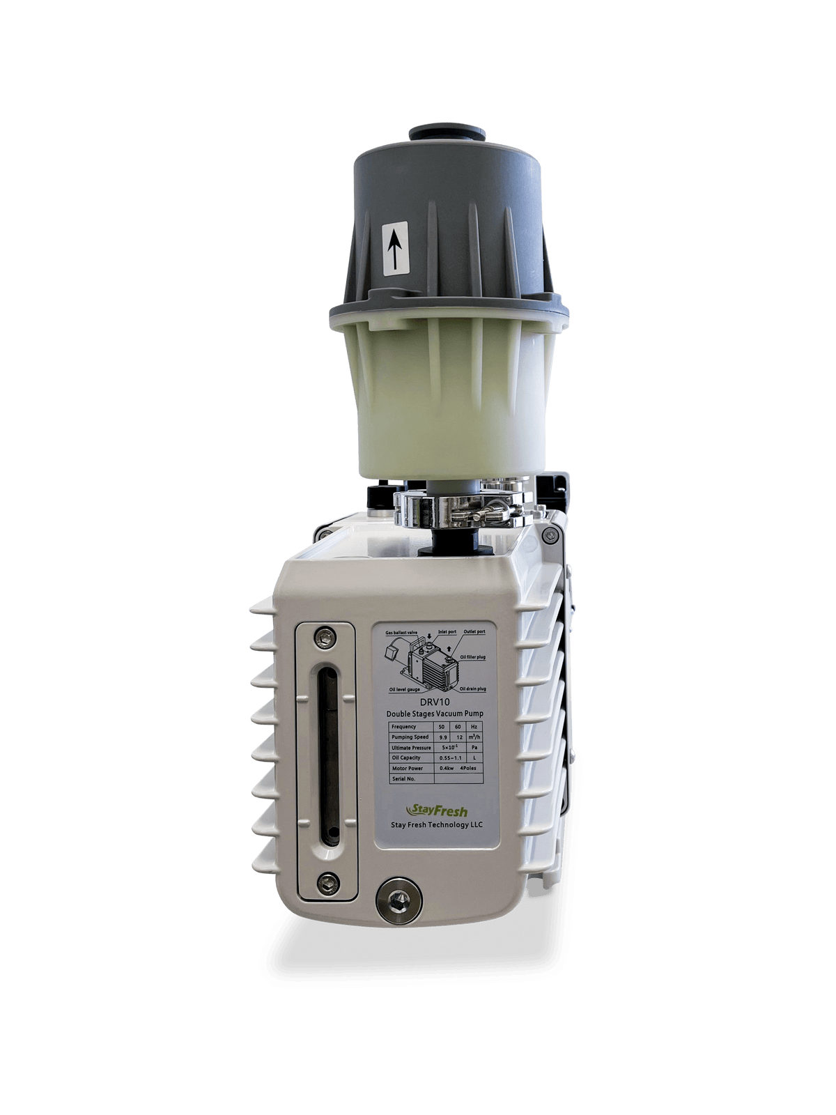 Commercial oil vacuum pump with gray body, black top cap, and front label panel