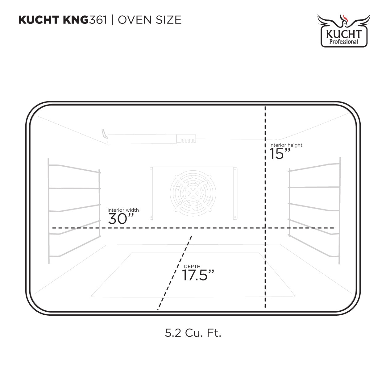 Oven size diagram for Kucht KNG361: 5.2 cu. ft., 30" interior width