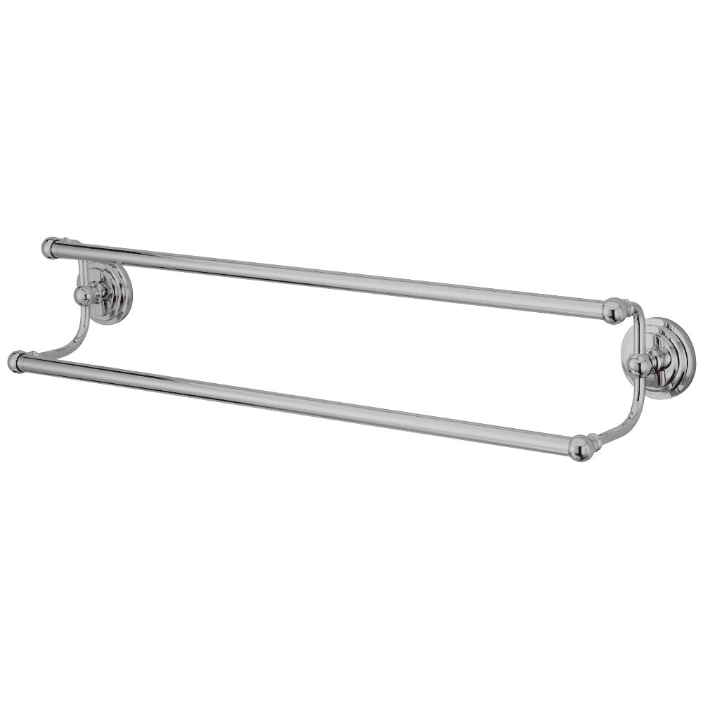 Double towel bar in polished chrome with two horizontal rails and round wall mounts