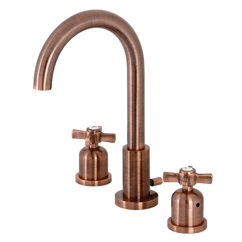 Antique copper widespread bathroom faucet with curved spout and two cross handles