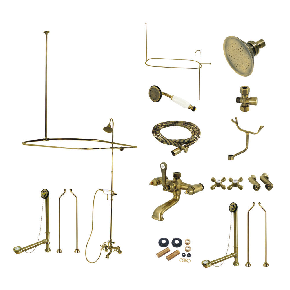 Antique brass clawfoot tub faucet set with hand shower, hose, and mounting fittings