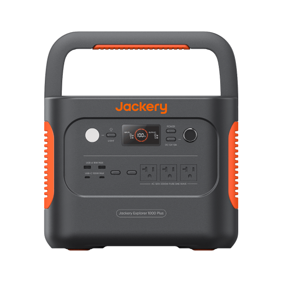 Jackery portable power station front panel with AC/DC outlets and control screen