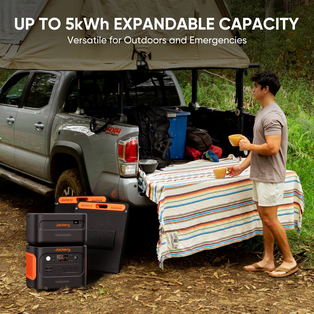 Jackery solar generator near parked vehicle with expandable power capacity for outdoors