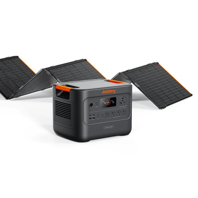 Jackery portable power station with connected folding solar panels, dark gray and orange