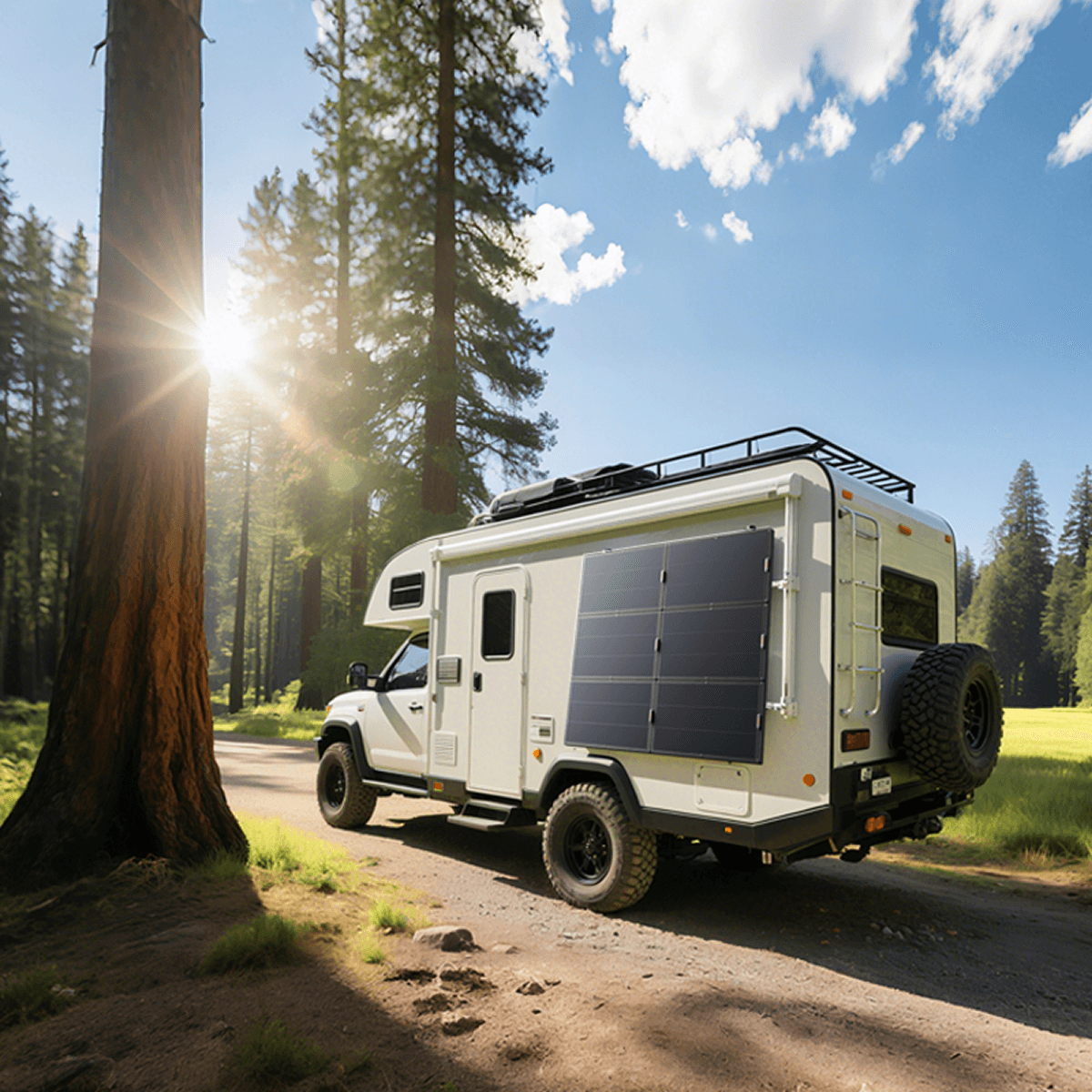 Solar panel mounted on camper van roof with cables leading toward the vehicle