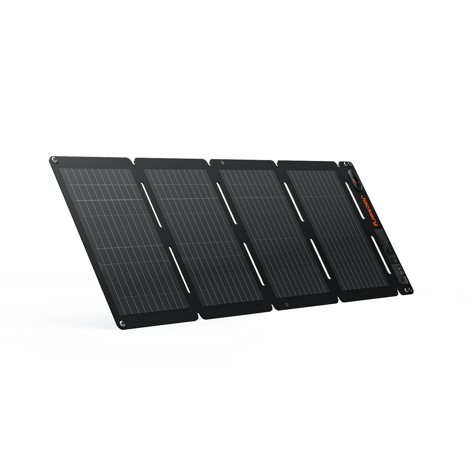 Foldable black solar panel with four hinged sections, showing grid cells and side label