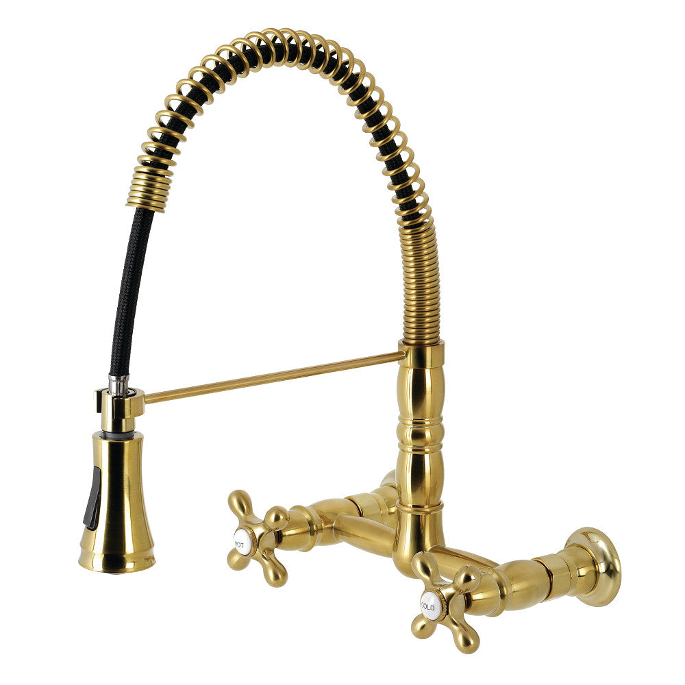 Brushed brass pre-rinse bridge kitchen faucet with double handles and spring hose