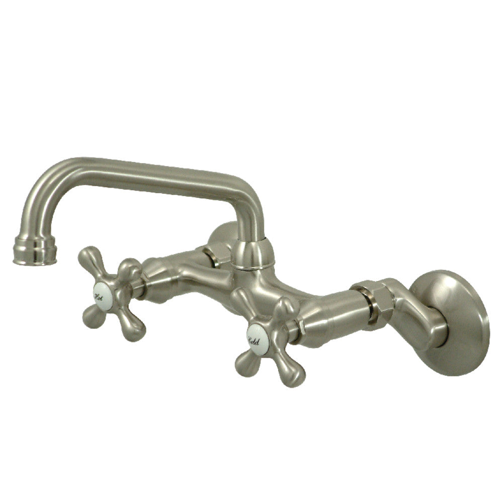 Brushed nickel double-handle wall-mount bridge kitchen faucet with curved spout