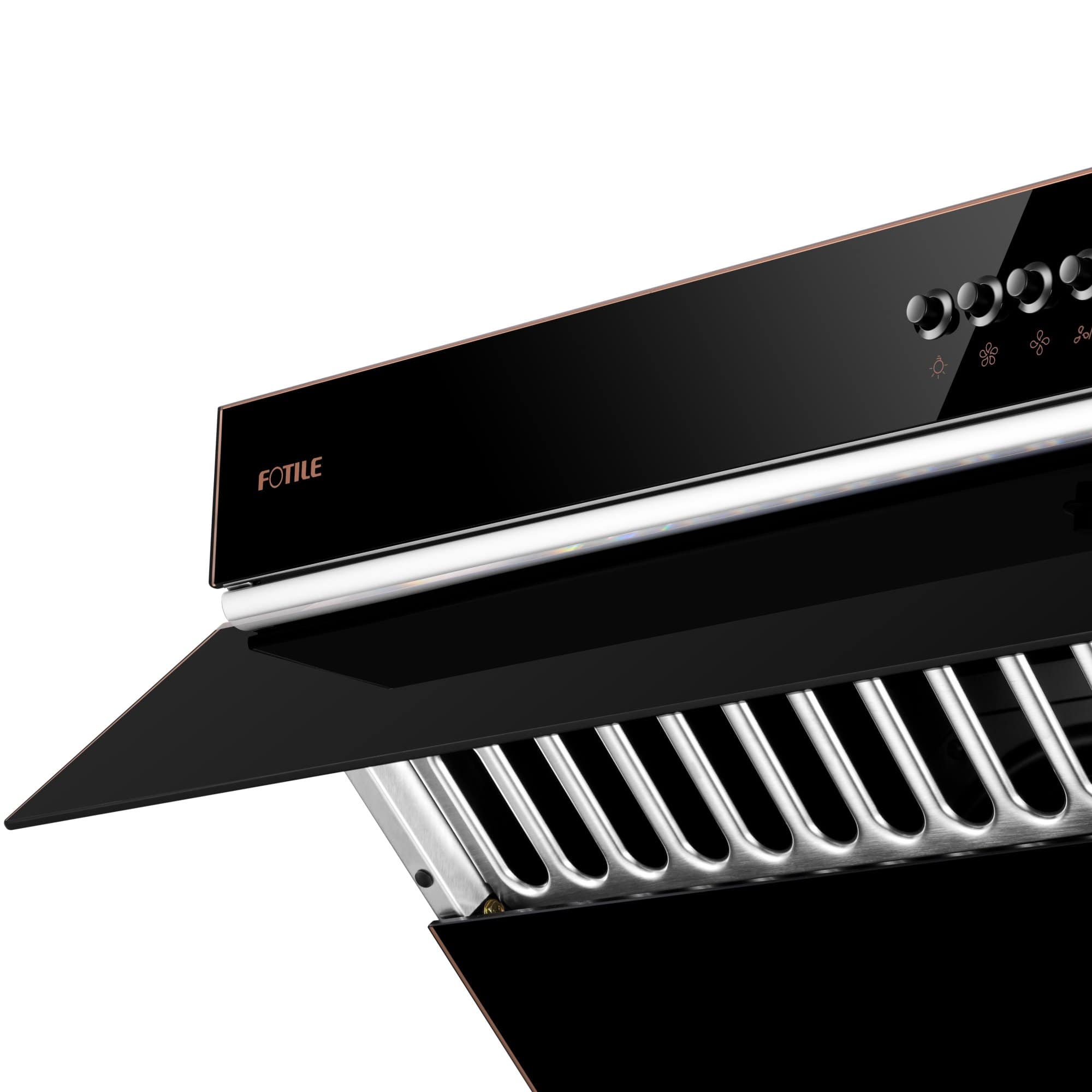 Close-up of onyx black slant range hood control panel and stainless vent grille