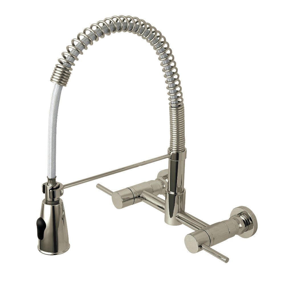 Brushed nickel wall-mount kitchen pre-rinse bridge faucet with spring hose and handles