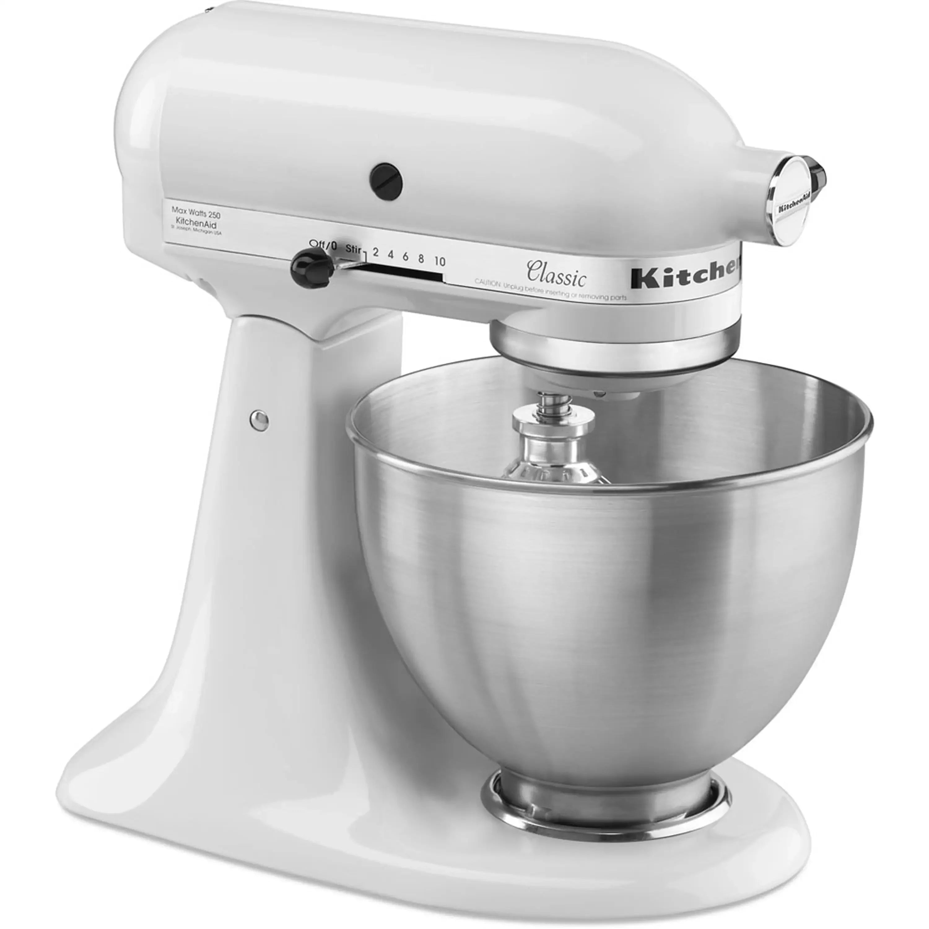 White tilt-head stand mixer with stainless bowl and wire whisk attachment