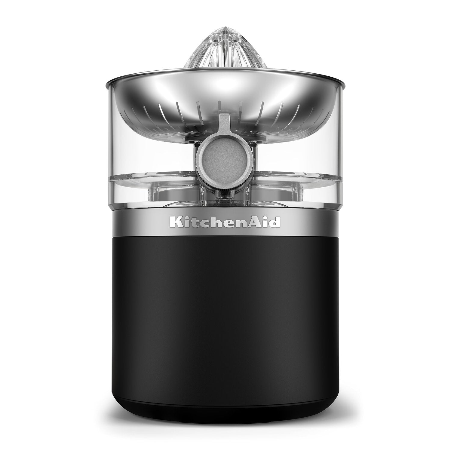 Front view of black cordless citrus juicer with clear top and stainless reamer