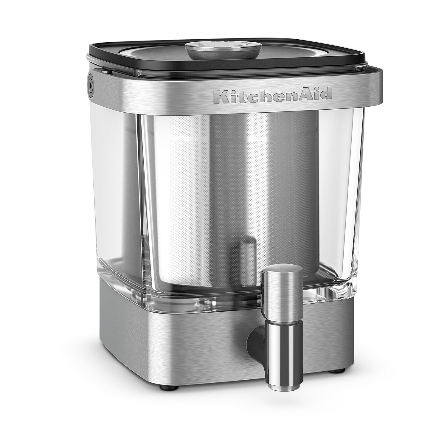 KitchenAid stainless steel cold brew coffee maker with black lid and tap