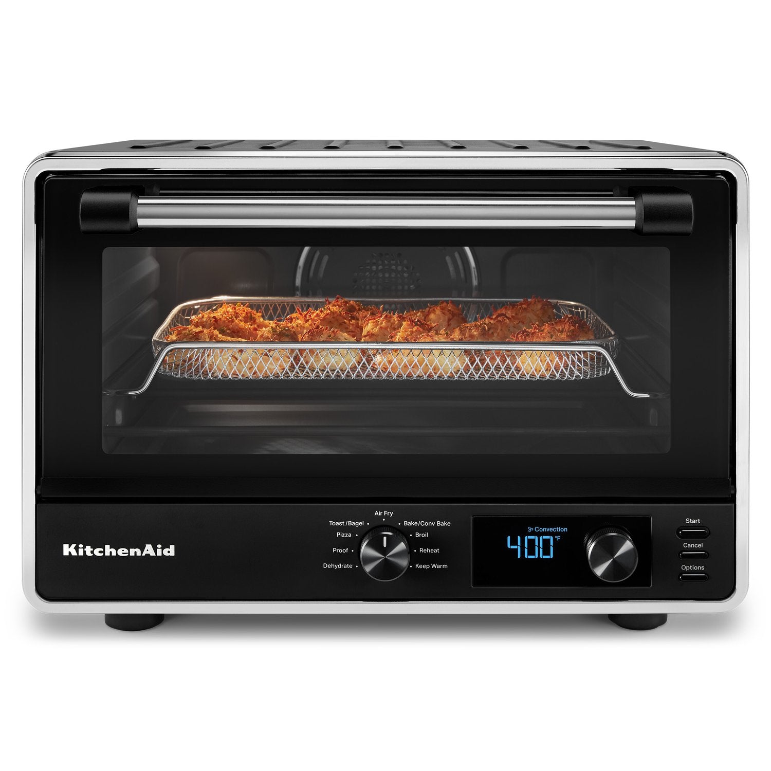Black matte digital countertop oven with transparent door, front controls, and interior rack