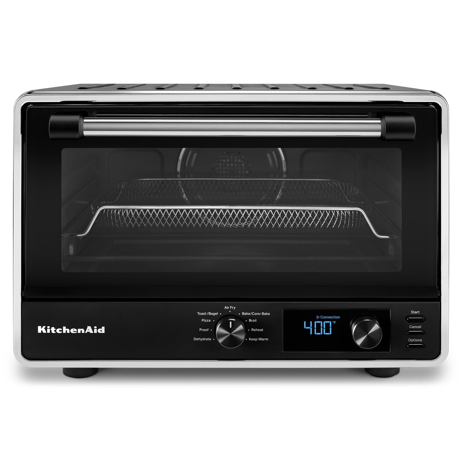 Black matte digital countertop oven front view with digital display and control knobs