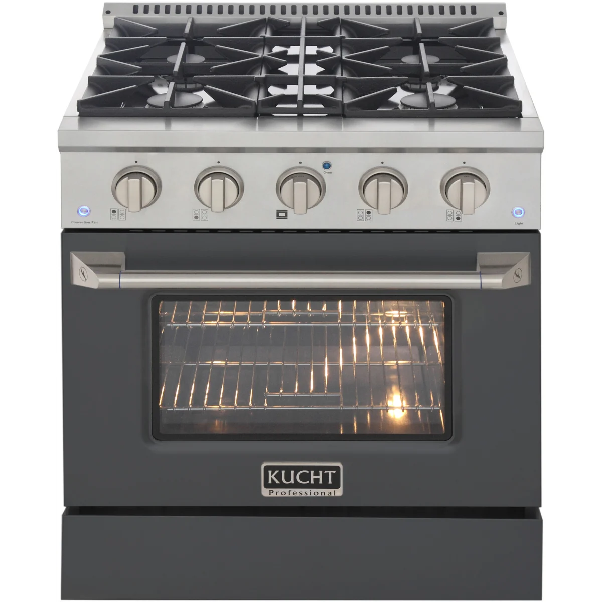 Cement gray dual-fuel range with four burners, oven window, and control panel