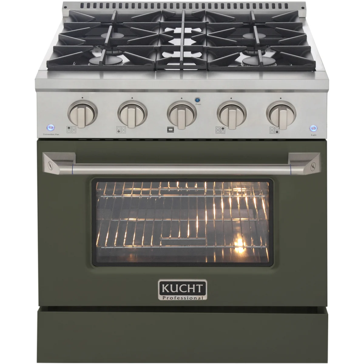 Olive green dual fuel range with four black gas burners and oven door window